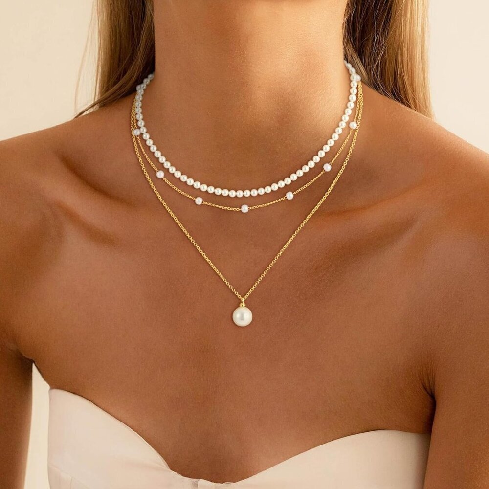 Elegant 18K Gold Plated Pearl Necklace Set - Choker, Drop, Bracelets for Women - Picture 3 of 7